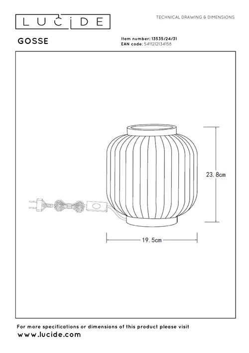 Lucide GOSSE - Tafellamp - Ø 19,5 cm - 1xE14 - Wit - technisch